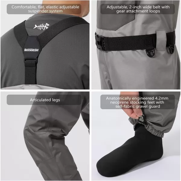 imageBASSDASH FW08 Mens Breathable Waders Waterproof Fly Fishing Chest FishingGrey