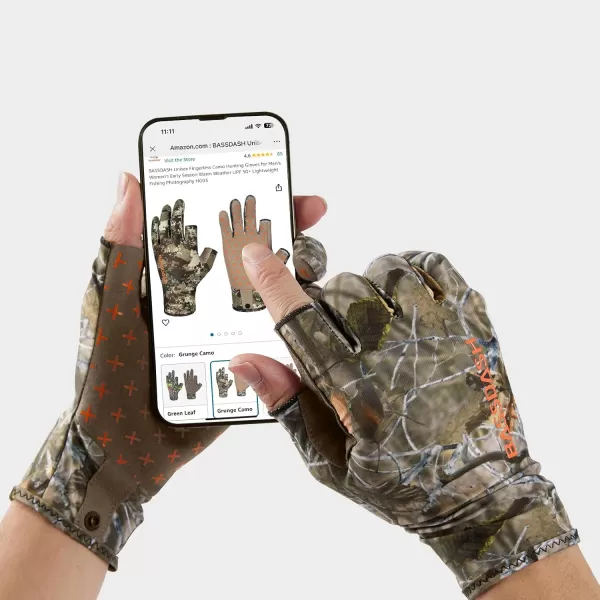 imageBASSDASH Unisex Fingerless Fleece Liner Camo Hunting Gloves for Cold Weather UPF 50 Lightweight Fishing Photography HG06Autumn Forest