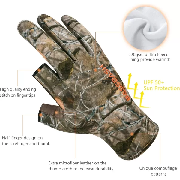 imageBASSDASH Unisex Fingerless Fleece Liner Camo Hunting Gloves for Cold Weather UPF 50 Lightweight Fishing Photography HG06Autumn Forest