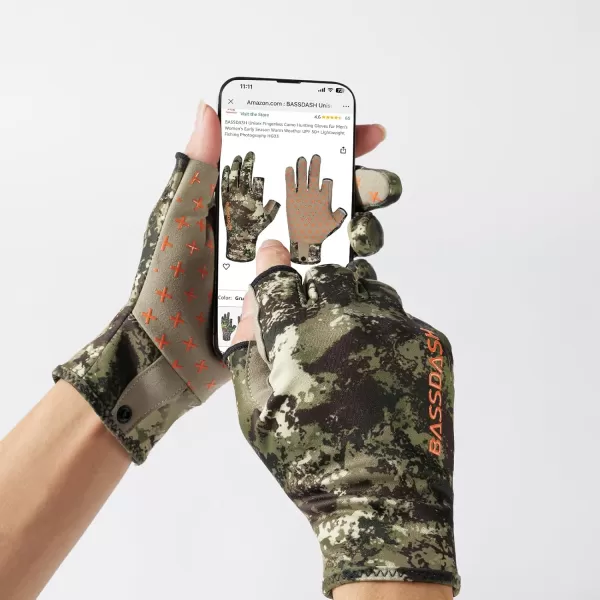 imageBASSDASH Unisex Fingerless Fleece Liner Camo Hunting Gloves for Cold Weather UPF 50 Lightweight Fishing Photography HG06Grunge Camo