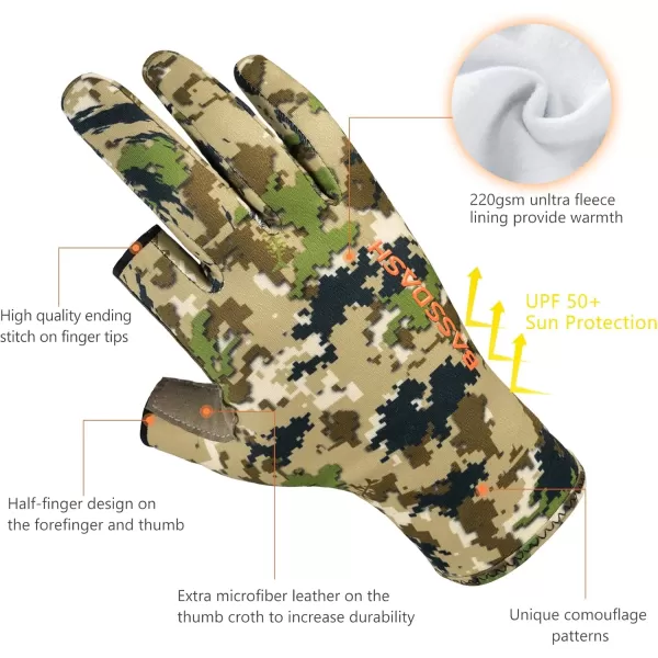 imageBASSDASH Unisex Fingerless Fleece Liner Camo Hunting Gloves for Cold Weather UPF 50 Lightweight Fishing Photography HG06Highland