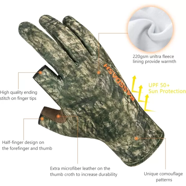 imageBASSDASH Unisex Fingerless Fleece Liner Camo Hunting Gloves for Cold Weather UPF 50 Lightweight Fishing Photography HG06Mossy Wood