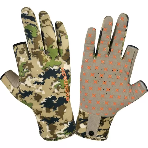 imageBASSDASH Unisex Fingerless Fleece Liner Camo Hunting Gloves for Cold Weather UPF 50 Lightweight Fishing Photography HG06Highland