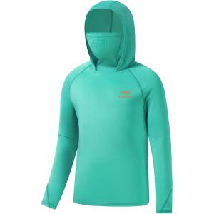 imageBASSDASH Youth UPF 50 Hooded Shirts with Mask UV Neck Gaiter Sun Protection Long Sleeve T Shirt for Fishing SwimAqua Green