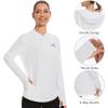 imageBASSDASH Womens UPF 50 Long Sleeve Fishing Hoodie Shirt with Pocket Sun Protection Lightweight Hooded Shirts FS04WWhiteVivid Blue Logo