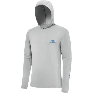 imageBASSDASH Mens UPF 50 Drawstring Fishing Hoodie Shirts UV Sun Protection Long Sleeve Outdoor Hiking Hooded TShirts FS33MCool GreyVivid Blue Logo
