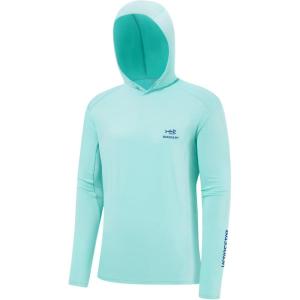 imageBASSDASH Mens UPF 50 Drawstring Fishing Hoodie Shirts UV Sun Protection Long Sleeve Outdoor Hiking Hooded TShirts FS33MSeafoamVivid Blue Logo