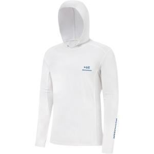 imageBASSDASH Mens UPF 50 Drawstring Fishing Hoodie Shirts UV Sun Protection Long Sleeve Outdoor Hiking Hooded TShirts FS33MWhiteVivid Blue Logo