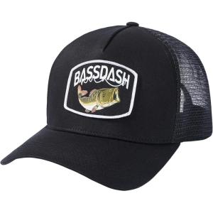 imageBASSDASH Trucker Hat Embroidered Patch Adjustable Baseball Cap Mesh Back Fishing HatBlackLargemouth Bass