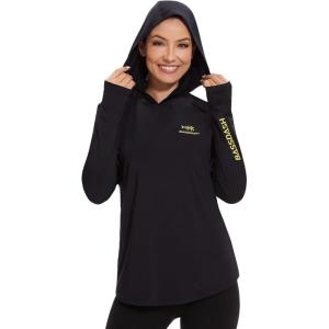 imageBASSDASH Womens UPF 50 Long Sleeve Fishing Hoodie Shirt with Pocket Sun Protection Lightweight Hooded Shirts FS04WBlackYellow Logo