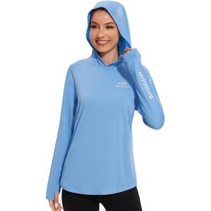 imageBASSDASH Womens UPF 50 Long Sleeve Fishing Hoodie Shirt with Pocket Sun Protection Lightweight Hooded Shirts FS04WCarolinaWhite Logo