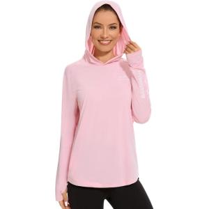 imageBASSDASH Womens UPF 50 Long Sleeve Fishing Hoodie Shirt with Pocket Sun Protection Lightweight Hooded Shirts FS04WPinkWhite Logo
