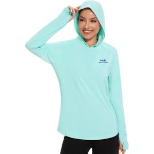 imageBASSDASH Womens UPF 50 Long Sleeve Fishing Hoodie Shirt with Pocket Sun Protection Lightweight Hooded Shirts FS04WSeafoamVivid Blue Logo
