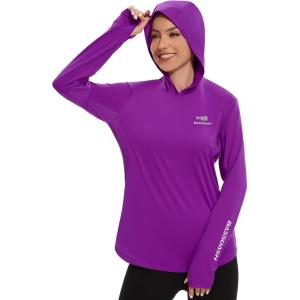 imageBASSDASH Womens UPF 50 Long Sleeve Fishing Hoodie Shirt with Pocket Sun Protection Lightweight Hooded Shirts FS04WVioletWhite Logo