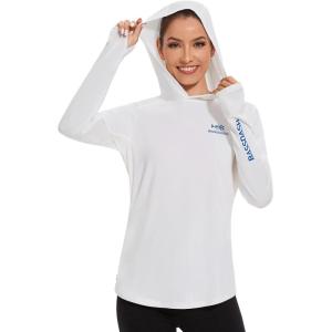 imageBASSDASH Womens UPF 50 Long Sleeve Fishing Hoodie Shirt with Pocket Sun Protection Lightweight Hooded Shirts FS04WWhiteVivid Blue Logo