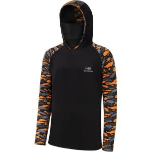 imageBASSDASH Mens UPF 50 Camo Hoodie Shirt with Mask Long Sleeve Sun Protection Neck Gaiter Hooded Tee for Fishing HikingBlackBlack  Orange Fishes