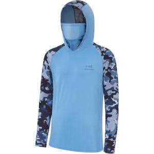 imageBASSDASH Mens UPF 50 Camo Hoodie Shirt with Mask Long Sleeve Sun Protection Neck Gaiter Hooded Tee for Fishing HikingCarolinaBlue Camo