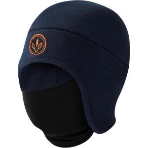 imageBASSDASH Soft Fleece 2in1 Hat with Ski Mask Ear Flap Ice Fishing Hunting Beanie for Men Women Cold Weather WinterNavy Blue