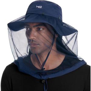 imageBASSDASH UPF 50 Mosquito Sun Hat with Hidden Head Net and Neck Flap for Men Women Outdoor Fishing Hiking CampingNavy Blue