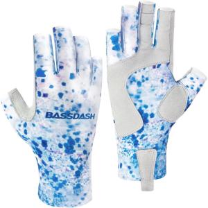imageBASSDASH ALTIMATE Fishing Gloves Sun Protection Fingerless Hunting UPF 50 Mens Womens UV GlovesBlue Ink Camo
