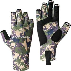 imageBASSDASH ALTIMATE Fishing Gloves Sun Protection Fingerless Hunting UPF 50 Mens Womens UV GlovesJungle Camo