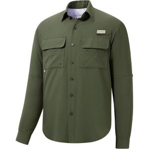 imageBASSDASH Mens Performance Fishing Hiking Shirt UPF 50 Button Down Long Sleeve Quick Dry FS21MOlive Green