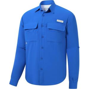 imageBASSDASH Mens Performance Fishing Hiking Shirt UPF 50 Button Down Long Sleeve Quick Dry FS21MVivid Blue