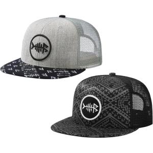 imageBASSDASH 2 Pack Flat Brim Trucker Cap Adjustable Snapback Hat Mesh Back for Men Women Fishing HuntingHeather Grey and Black  Black Geometry