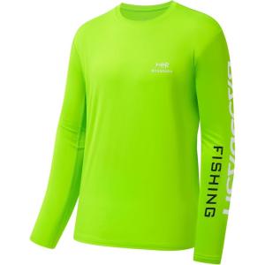 imageBASSDASH Fishing T Shirts for Men UV Sun Protection UPF 50 Long Sleeve Tee TShirtFluorescent GreenWhite Logo