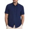 imageBASSDASH Mens UPF 50 Short Sleeve Snap Button Down Shirt Regular Fit Woven Two Pockets Casual Dress ShirtsNavy Blue