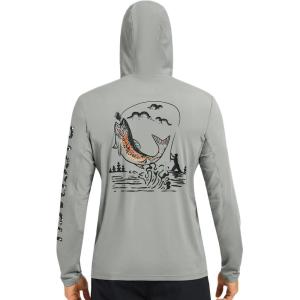 imageBASSDASH Mens UPF 50 Graphic Fishing Hoodie Shirts UV Sun Protection Long Sleeve Moisture Wicking Performance FS48MAsh GreyRainbow Trout
