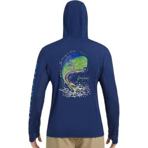 imageBASSDASH Mens UPF 50 Graphic Fishing Hoodie Shirts UV Sun Protection Long Sleeve Moisture Wicking Performance FS48MDark BlueMahi
