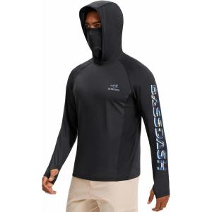 imageBASSDASH Mens UPF 50 Graphic Fishing Hoodie Shirts with Mask Pocket UV Long Sleeve Moisture Wicking FS47MBlackBlue Marlin