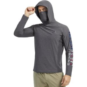 imageBASSDASH Mens UPF 50 Graphic Fishing Hoodie Shirts with Mask Pocket UV Long Sleeve Moisture Wicking FS47MHeather GreyFlag Bass