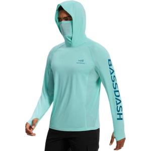imageBASSDASH Mens UPF 50 Graphic Fishing Hoodie Shirts with Mask Pocket UV Long Sleeve Moisture Wicking FS47MSeafoamJumping Marlin