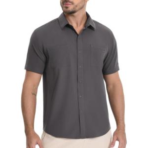 imageBASSDASH Mens UPF 50 Short Sleeve Snap Button Down Shirt Regular Fit Woven Two Pockets Casual Dress ShirtsDark Grey