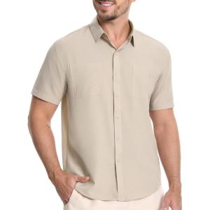 imageBASSDASH Mens UPF 50 Short Sleeve Snap Button Down Shirt Regular Fit Woven Two Pockets Casual Dress ShirtsLight Khaki