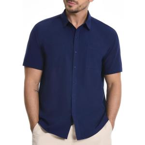 imageBASSDASH Mens UPF 50 Short Sleeve Snap Button Down Shirt Regular Fit Woven Two Pockets Casual Dress ShirtsNavy Blue