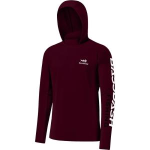 imageBASSDASH UPF 50 Mens UV Sun Protection Long Sleeve Performance Fishing Hoodie Hooded ShirtsBurgundyWhite Logo