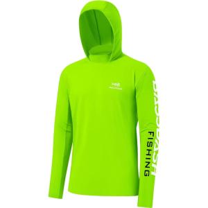 imageBASSDASH UPF 50 Mens UV Sun Protection Long Sleeve Performance Fishing Hoodie Hooded ShirtsFluorescent GreenWhite Logo