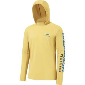 imageBASSDASH UPF 50 Mens UV Sun Protection Long Sleeve Performance Fishing Hoodie Hooded ShirtsLight YellowVivid Blue Logo