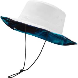 imageBASSDASH UPF 50 Patterned Under Brim Foldable Lightweight Bucket Sun Hats for Fishing Hiking Safari Men Women FH18WhiteBlue and Black Camo