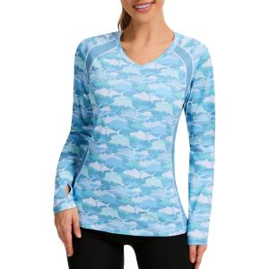 imageBASSDASH Womens UPF 50 WrinkleFree Fishing Shirt Long Sleeve V Neck Breathable Sun Protection TShirt for Hiking SR01WFish Camo