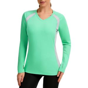 imageBASSDASH Womens UPF 50 WrinkleFree Fishing Shirt Long Sleeve V Neck Breathable Sun Protection TShirt for Hiking SR01WMint