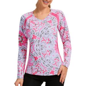 imageBASSDASH Womens UPF 50 WrinkleFree Fishing Shirt Long Sleeve V Neck Breathable Sun Protection TShirt for Hiking SR01WPink Butterfly