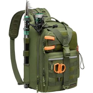 imageBASSDASH Convertible Fishing Backpack Sling Bag with Rod Holder Adjustable Tactical WaterResistant Tackle Storage Pack FP07Army Green