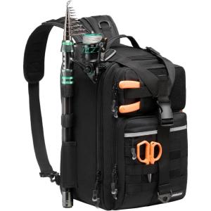 imageBASSDASH Convertible Fishing Backpack Sling Bag with Rod Holder Adjustable Tactical WaterResistant Tackle Storage Pack FP07Black