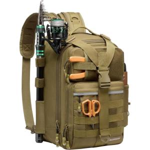 imageBASSDASH Convertible Fishing Backpack Sling Bag with Rod Holder Adjustable Tactical WaterResistant Tackle Storage Pack FP07Brown Khaki