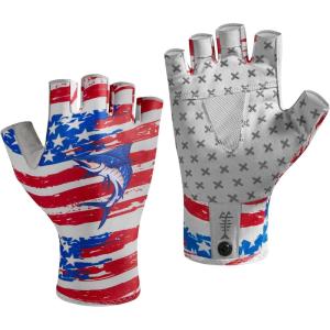 imageBASSDASH Unisex UPF 50 Half Finger Sun Gloves Fingerless Breathable UV Protection for Fishing Hiking Kayaking Rowing FG02AmericanaSword Fish