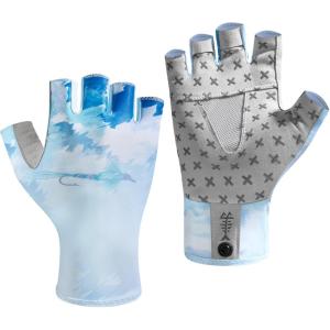 imageBASSDASH Unisex UPF 50 Half Finger Sun Gloves Fingerless Breathable UV Protection for Fishing Hiking Kayaking Rowing FG02Blue StormDry Fly